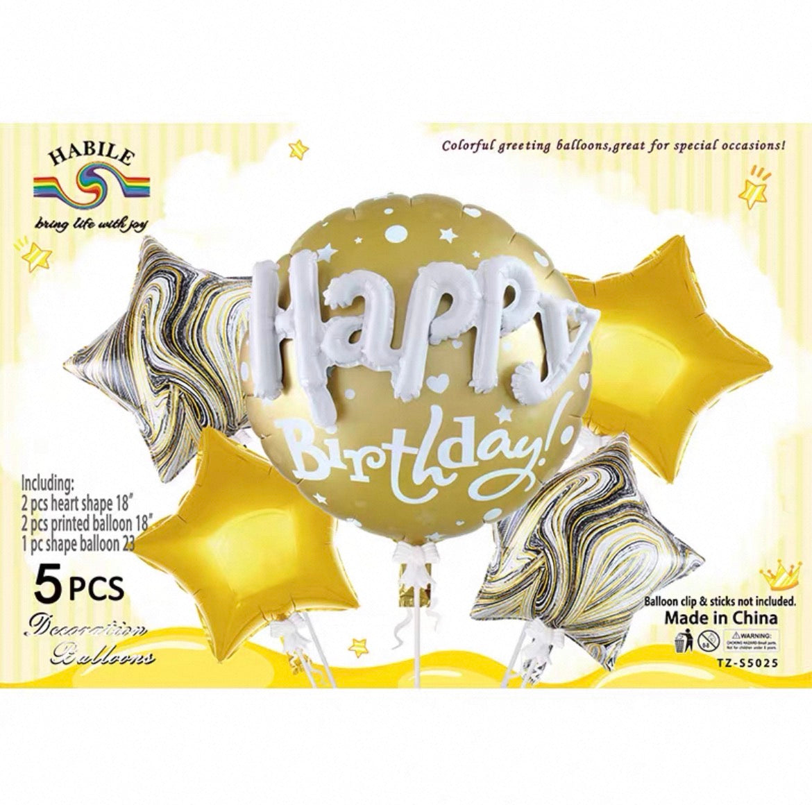 Happy Birthday Folienballon Set Gold 5-teilig – Stern Luftballons 45cm + XXL Geburtstagsballon 60cm