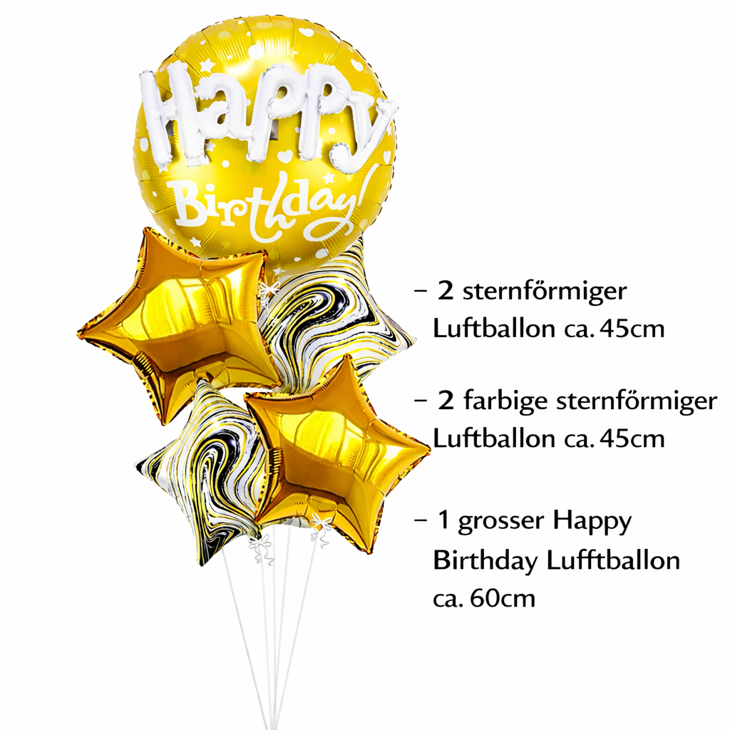Happy Birthday Folienballon Set Gold 5-teilig – Stern Luftballons 45cm + XXL Geburtstagsballon 60cm