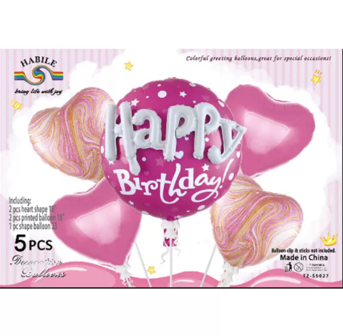 Happy Birthday Folienballon Set Rosa 5-teilig – Herz Luftballons 60cm + XXL Geburtstagsballon 60cm