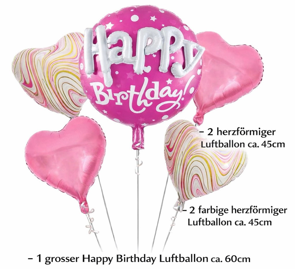 Happy Birthday Folienballon Set Rosa 5-teilig – Herz Luftballons 60cm + XXL Geburtstagsballon 60cm